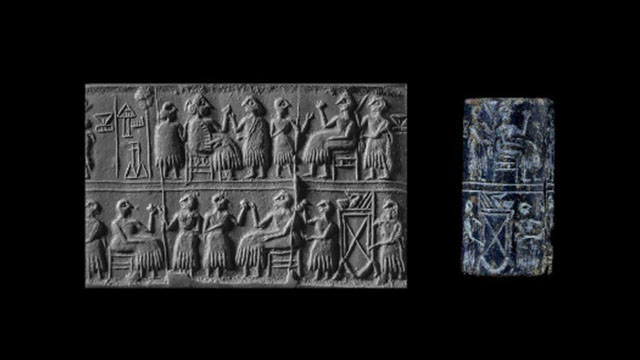 Cylinder seal (and modern impression) of Queen Puabi, Ur (modern Tell el-Muqayyar), PG 800